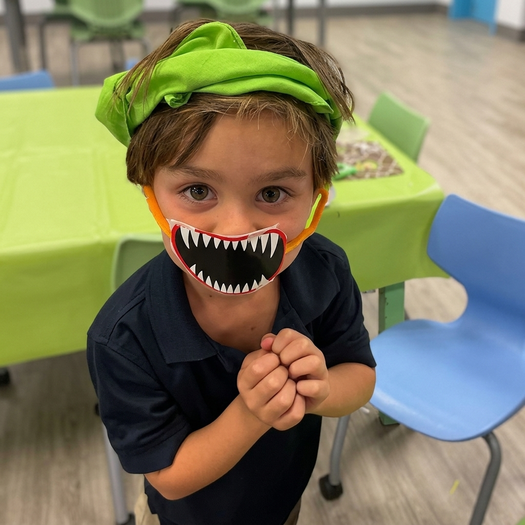 A smiling camper wearing a playful monster mask at a Challenge Island table.