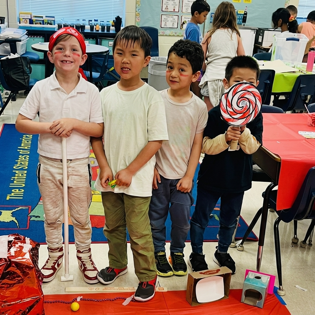 A group of kids posing with a candy-themed Challenge Island activity.