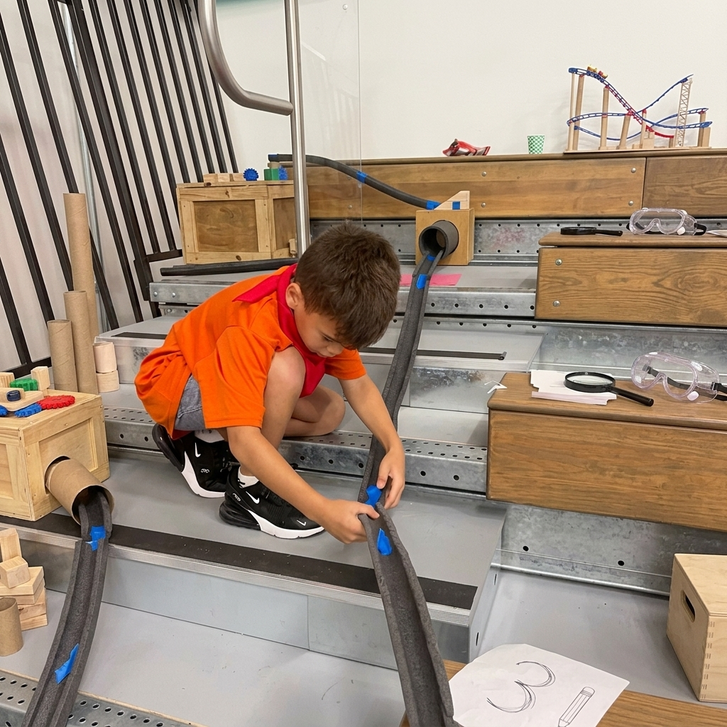 A camper building and testing an engineering track activity.