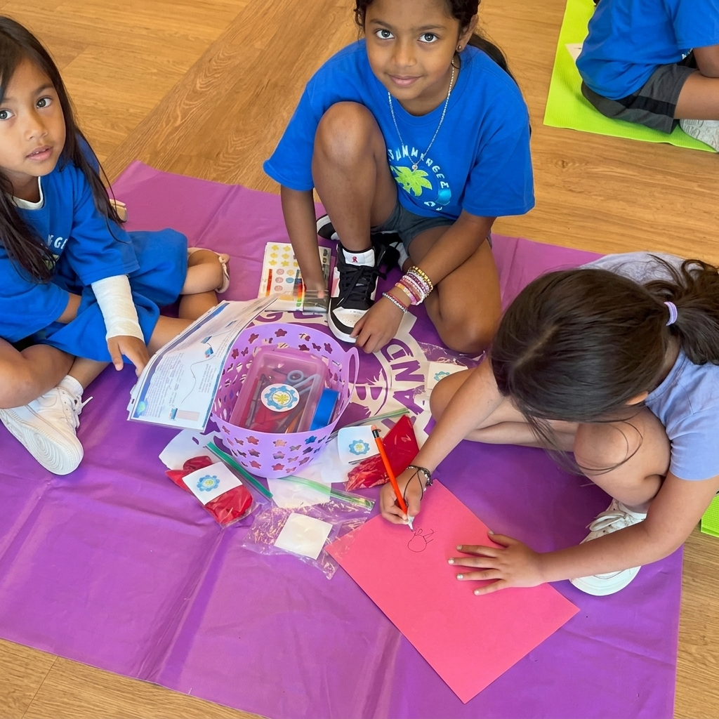 Campers making colorful crafts while sitting together on mats.